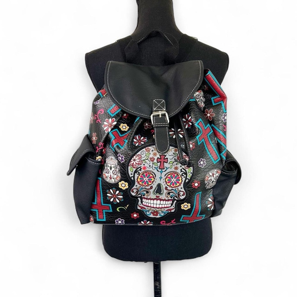 Cowgirl Trendy Black Sugar Skull Day of Dead Faux Leather Embroidered Backpack